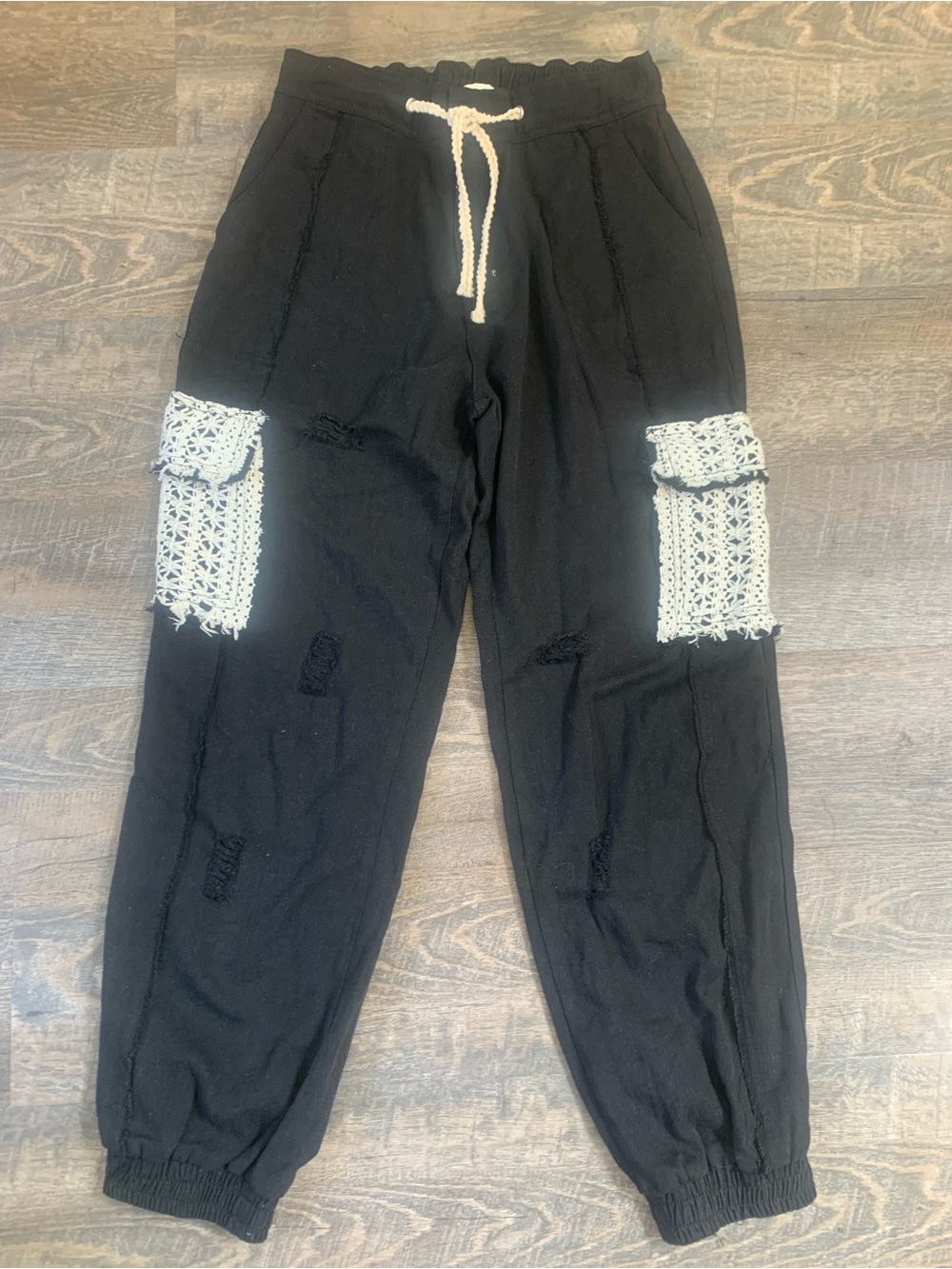 POL Boho Streetwear Utility Distressed Jogger Denim Pants with Crochet Pockets